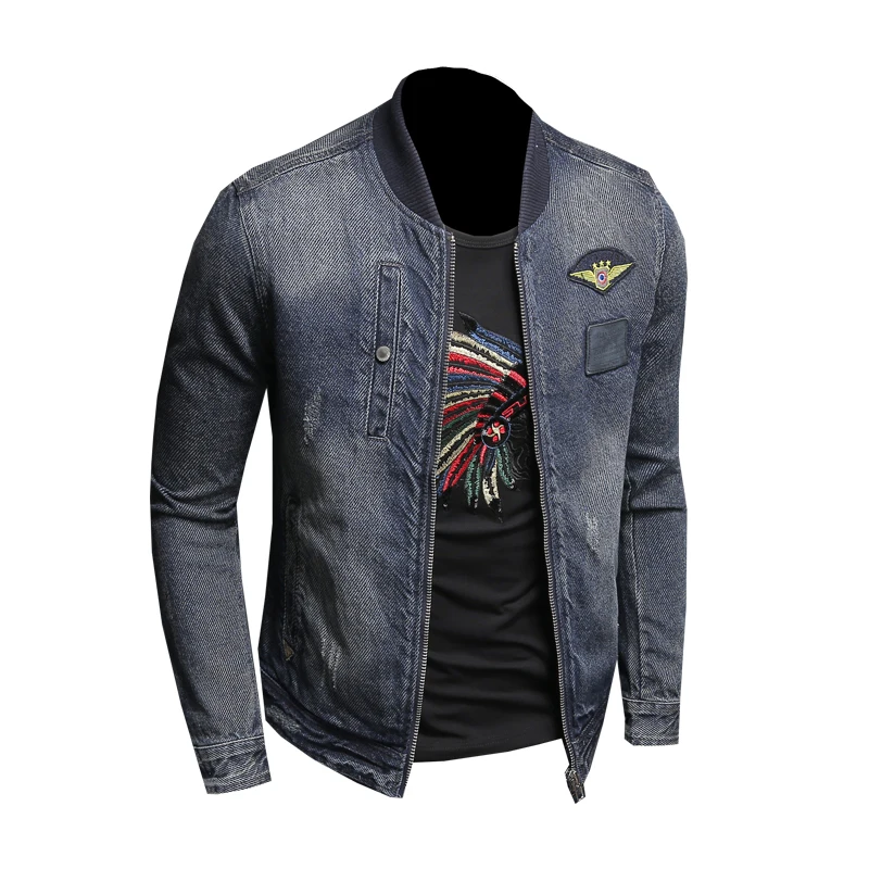 

Denim Jacket Men Jeans Coats European Style Stand Collar Zipper Patch Slim Motorcycle Bomber Pilot Blue Casual Outwear Clothing