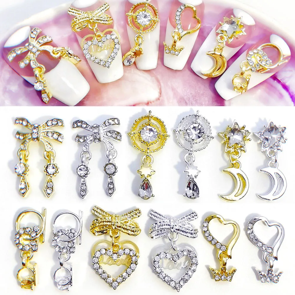 3D Nail Art Charms serce z kokardą gwiazda księżyc dekoracyjne kryształy stop 10 sztuk/paczka biżuteria z frędzlami złoty/srebrny metalowy wisiorek do paznokci