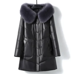 Winter Women's 90% White Duck Down Jacket Long 100% Leather Jacket Female Hooded Fox Fur Woman Clothes Monteau Femme WPY4688