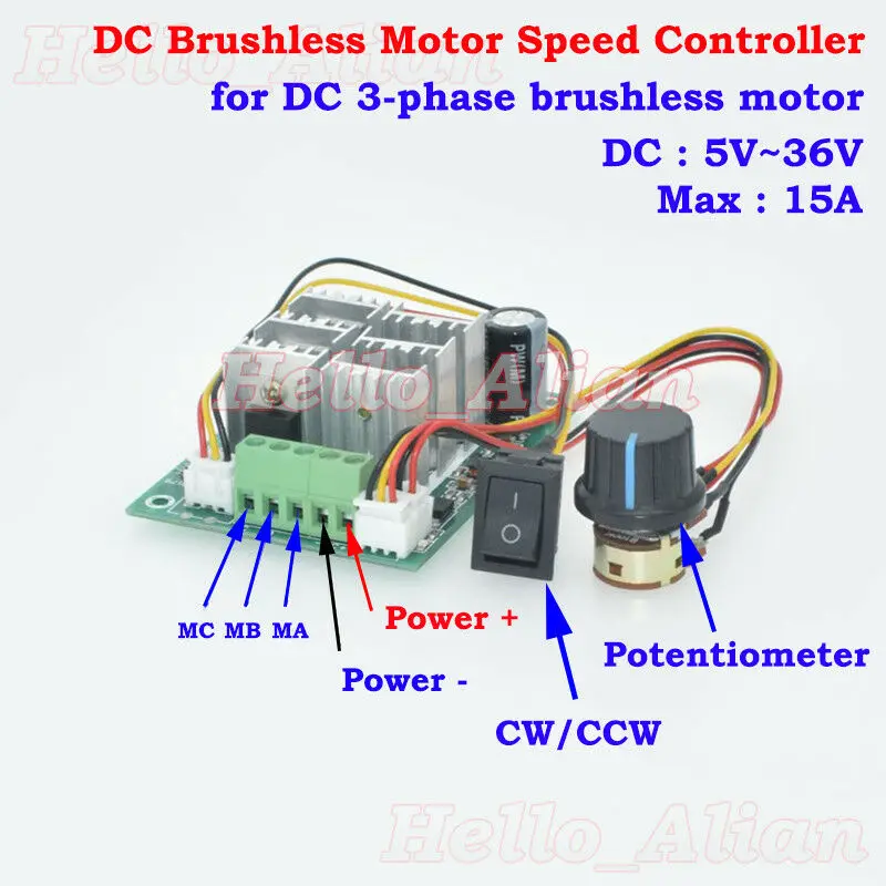 15A DC 5V-36V 12V 24V hho pwm three phase Brushless Motor  Controller Driver 0-100% speed Reversible Switch