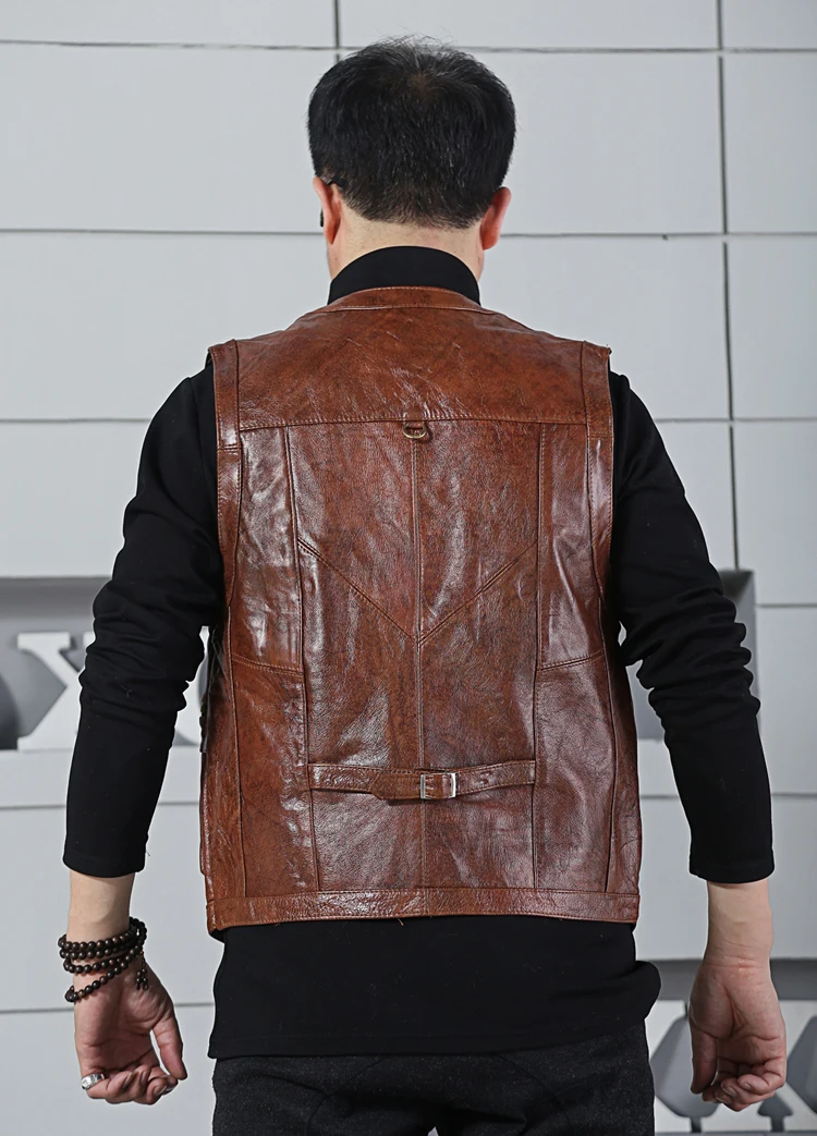 Men's Real Motorcycle Biker Multiple pockets Cow Genuine Leather Vest Men Waistcoat Sleeveless Jacket Tank Top