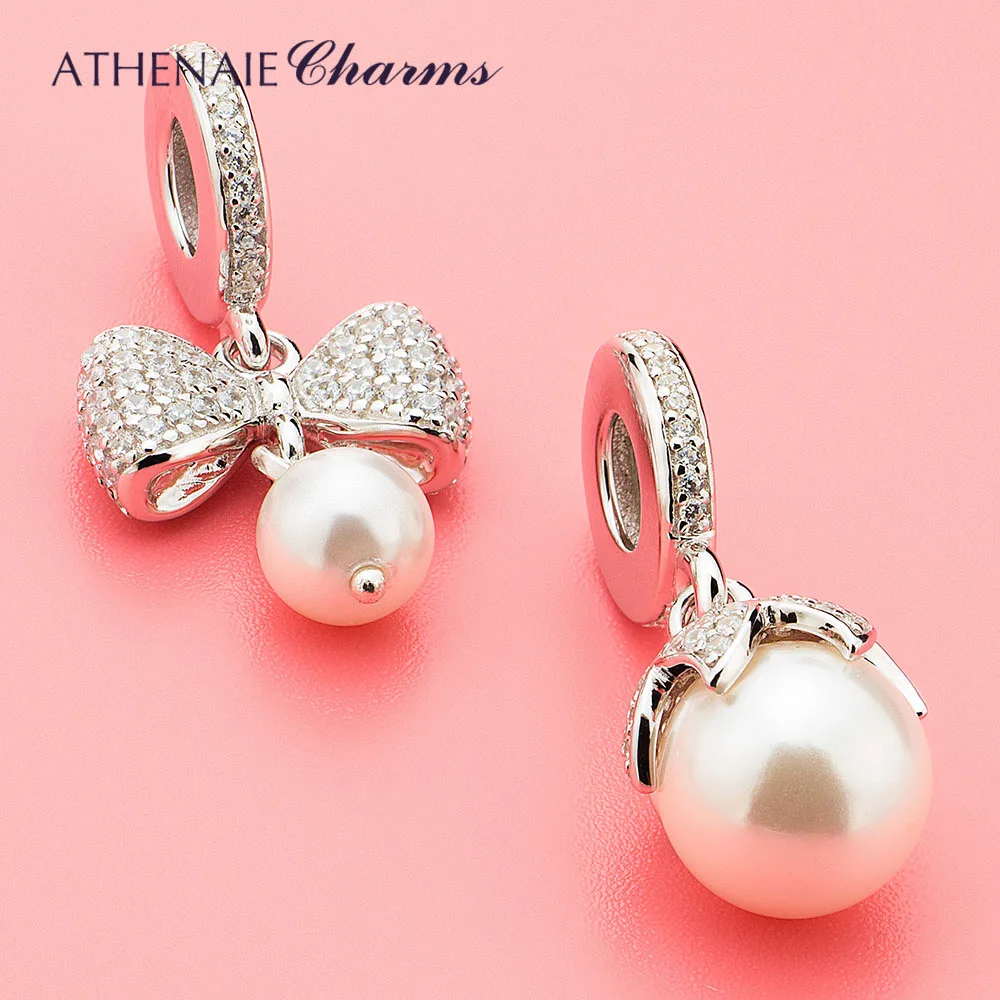 ATHENAIE 925 Sterling Silver with Pave Clear CZ Luminous Elegance White Pearl Drops Charms Fit Women Bracetes & Bangle Jewelry