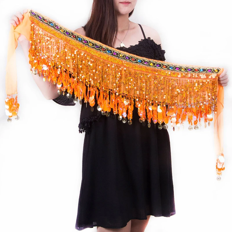 2021 New Belly Dance Waist Chain Hip Scarf for Women Bellydance Coins Belt Dancing Waist Belt Wrap Sequins Coin Chiffon Skirts