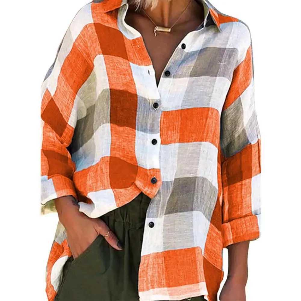 Fashion Women Shirts Turn Down Collar Check Plaid Buttons Shirt Top Lady Long Sleeve Loose Blouse рубашка женская 2022