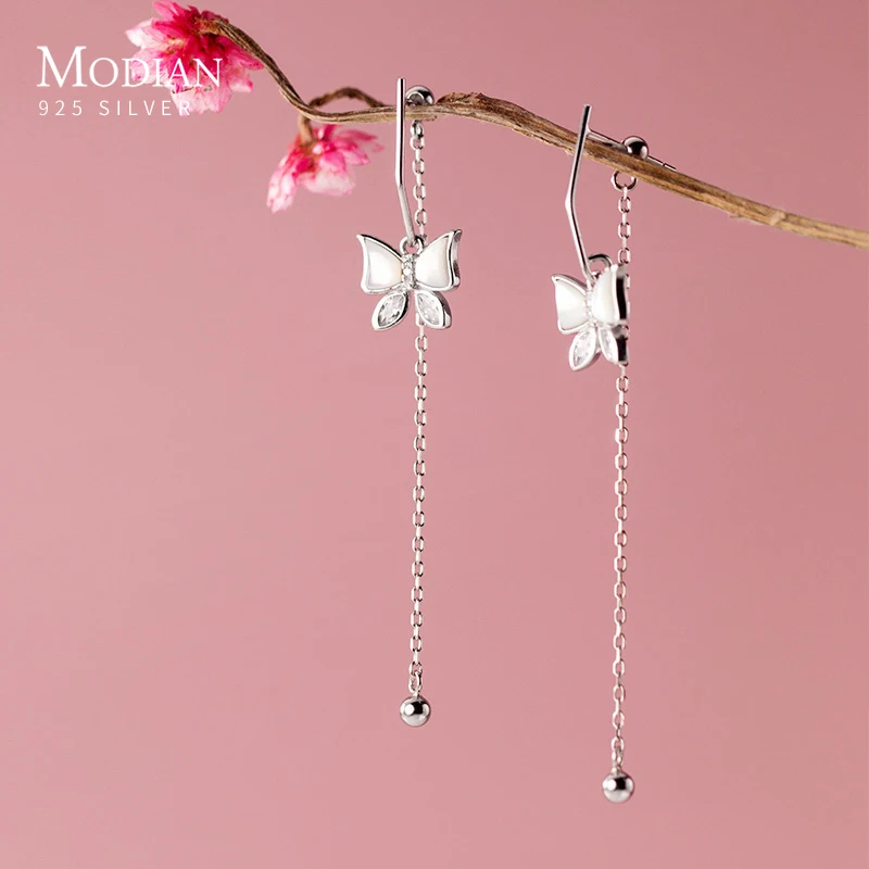 Modian-925 Sterling Prata Borla Brincos para Mulheres, Clear CZ, Dança Beads Borboleta, Jóias Finas, Requintado Bola, Novo