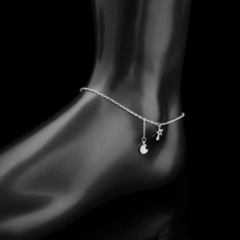 New Fashion 925 Sterling Silver Star&Moon Zircon Pendant Anklet Bracelet Constellation Symbol Foot Chain Women&Girl Jewelry Gift