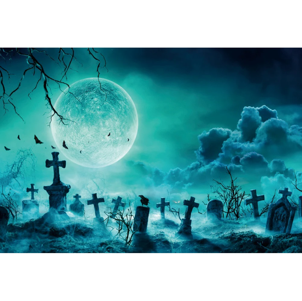 Laeacco Horrible Night Scenic Moon Forest Clouds Mist Halloween Festival Poster Photographic Background Banner Photo Backdrops