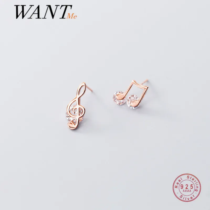 WANTME 925 Sterling Silver Romantic Shiny Zircon Musical Note Stud Earrings for Women Chic Charming Party Jewelry Accessories