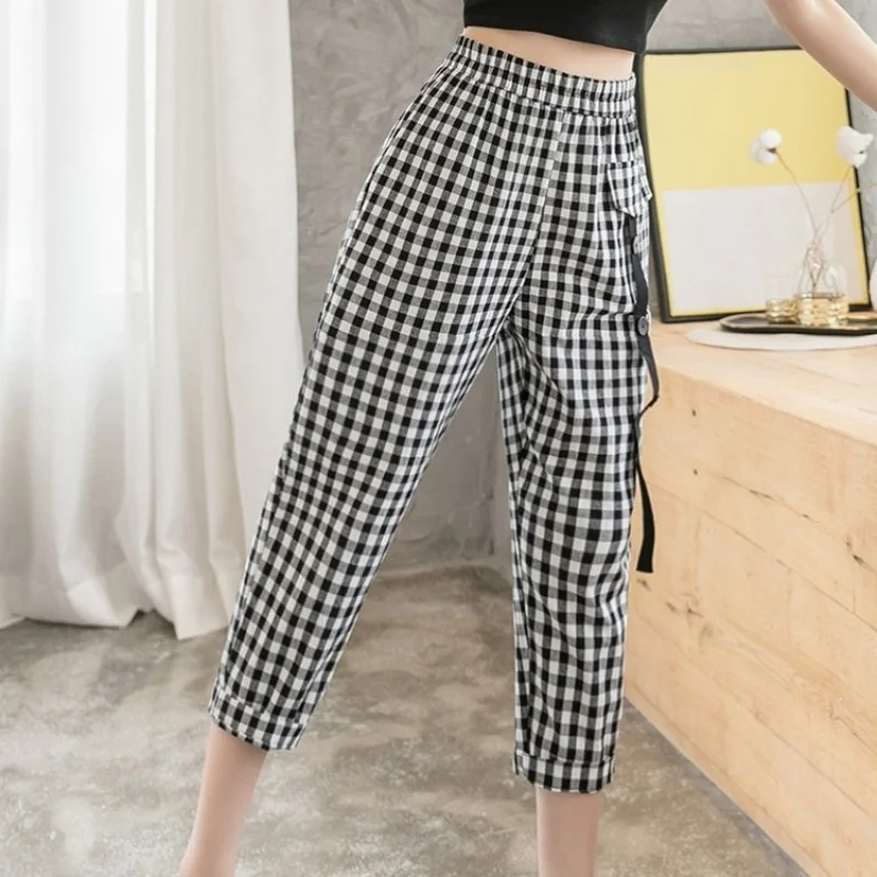 Casual Women Calf Length Pants Elastic Waist Plaid Harem Pants High Wasit Streetwear Colors Mixed Loose Cotton Linen Trousers