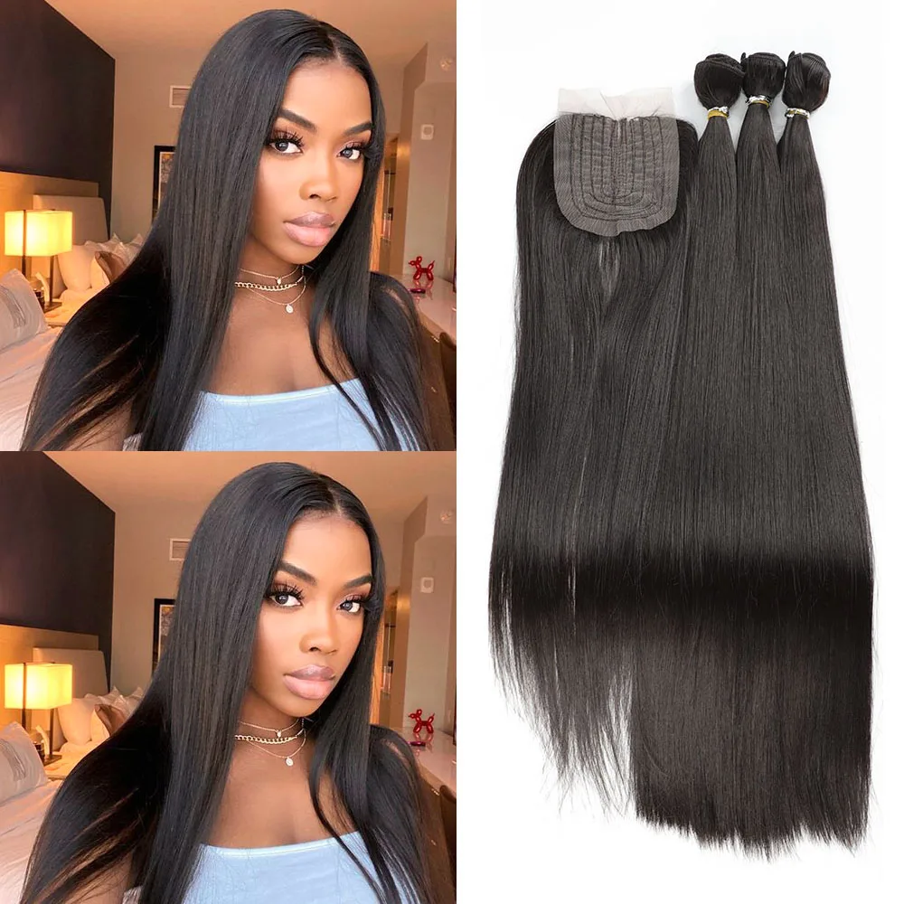 Mèches Synthétiques Lisses avec Closure pour Femme, Tissage Cousu, Tout en 1, 3 Lots