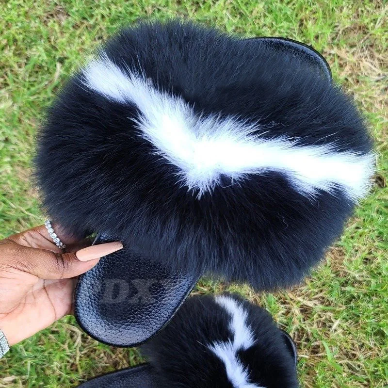 Fashion Women Luxury Big Fur Slides Fluffy Black Real Fox Fur Slides Indoor Outdoor Flat EVA Furry Sandals Beach Fuzzy Slippers