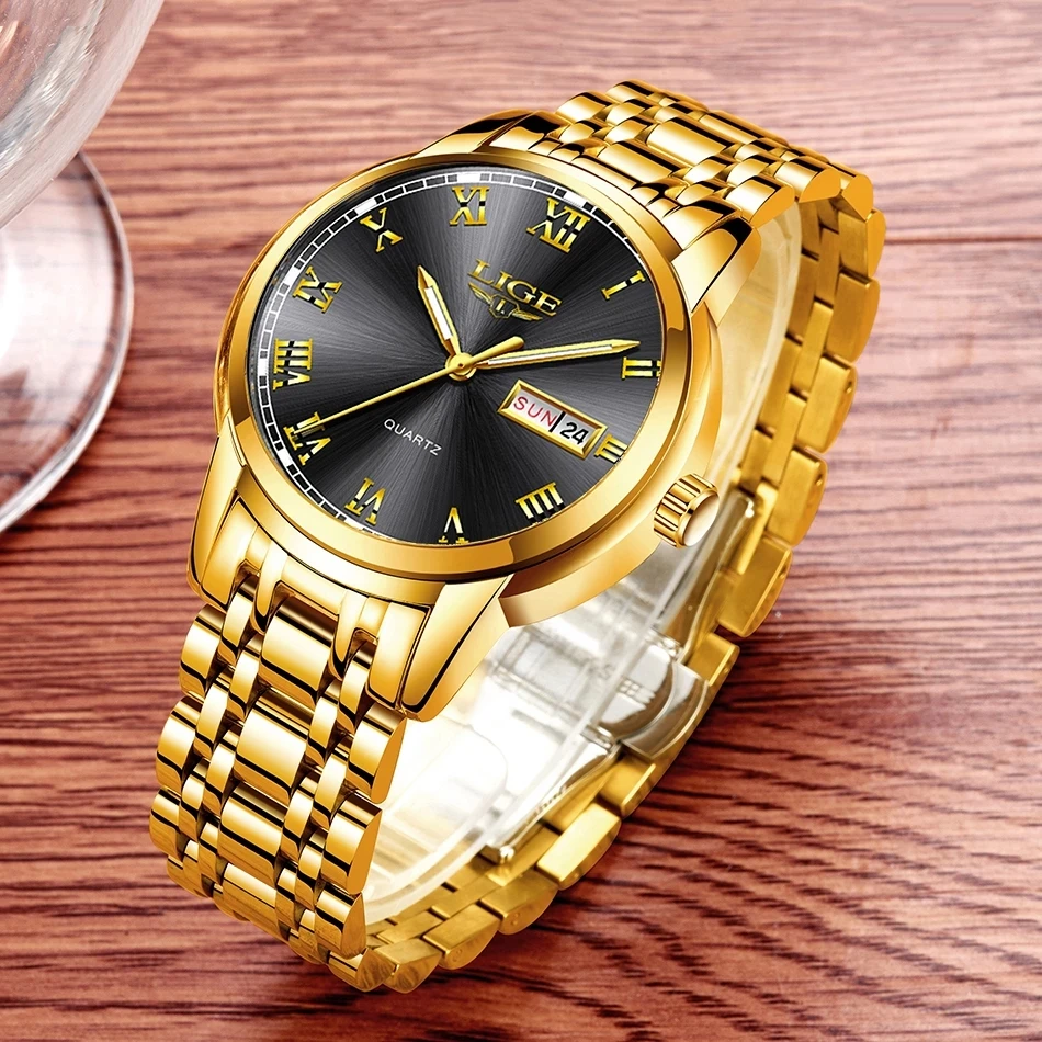 Relogio Masculino LIGE Gold Men Watch Waterproof Stainless Steel with date week Quartz Watches Men\'s Luxury Business Dress Clock