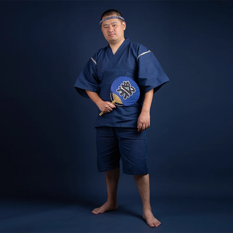 Japan Samurai Kimono Set Summer Japanese Traditional V-neck Jinbei Sleepwear Spa Sauna Bathrobe Pajamas Haori Tops and Pants