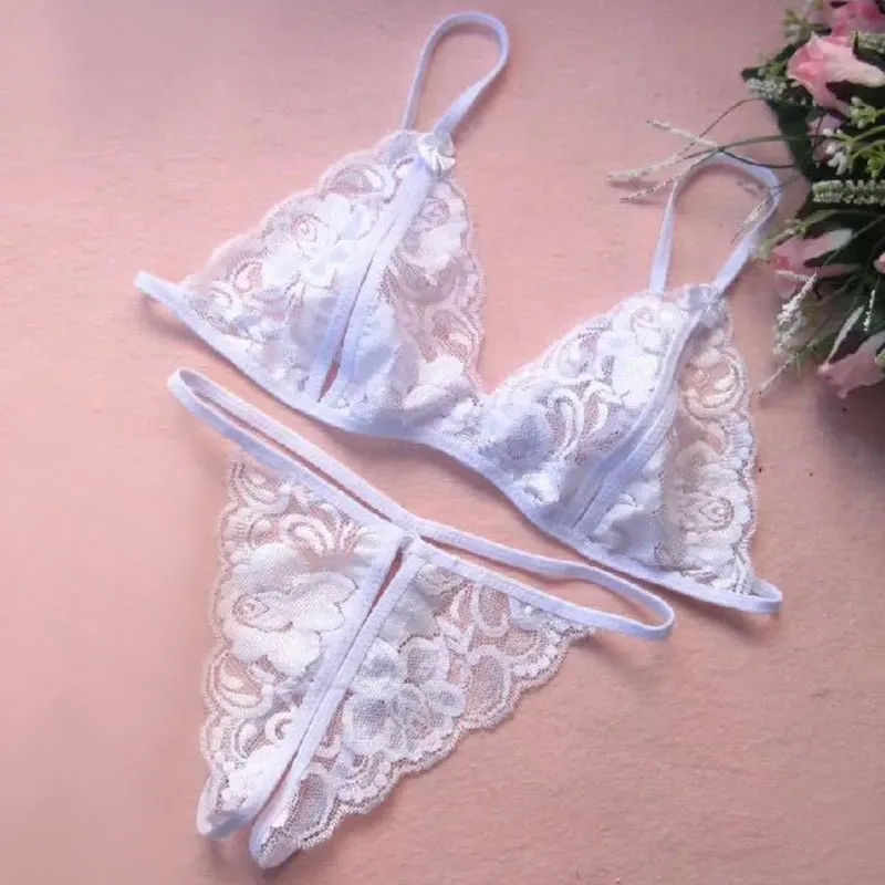 Conjunto de ropa interior de encaje Sexy para mujer, bragas abiertas de tiro bajo, calzoncillos íntimos para niña, calzoncillos transparentes de