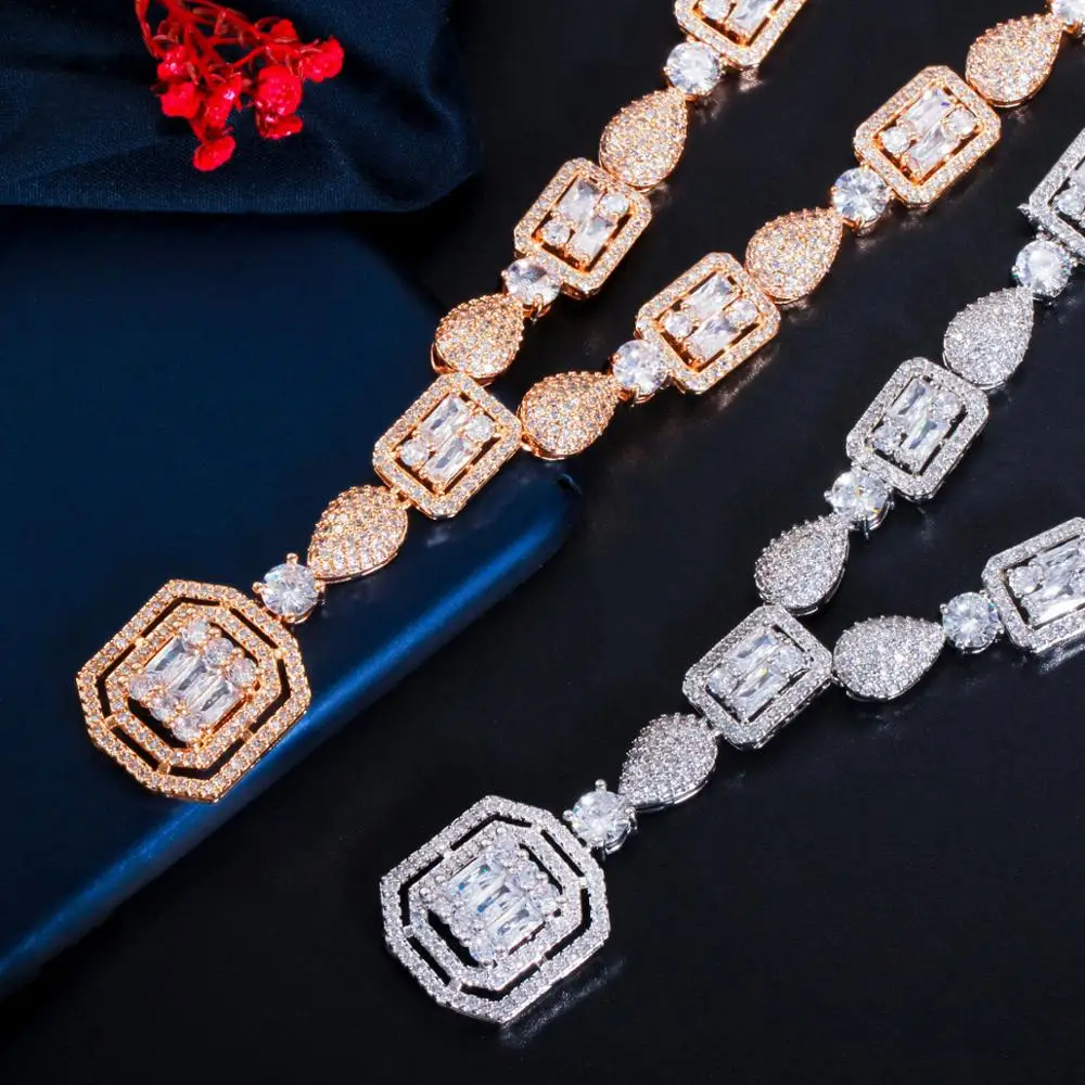 ThreeGraces Elegant Bridal Wedding Square Necklace Earrings Sets White CZ Zircon Silver Color Indian Women Party Jewelry TZ912