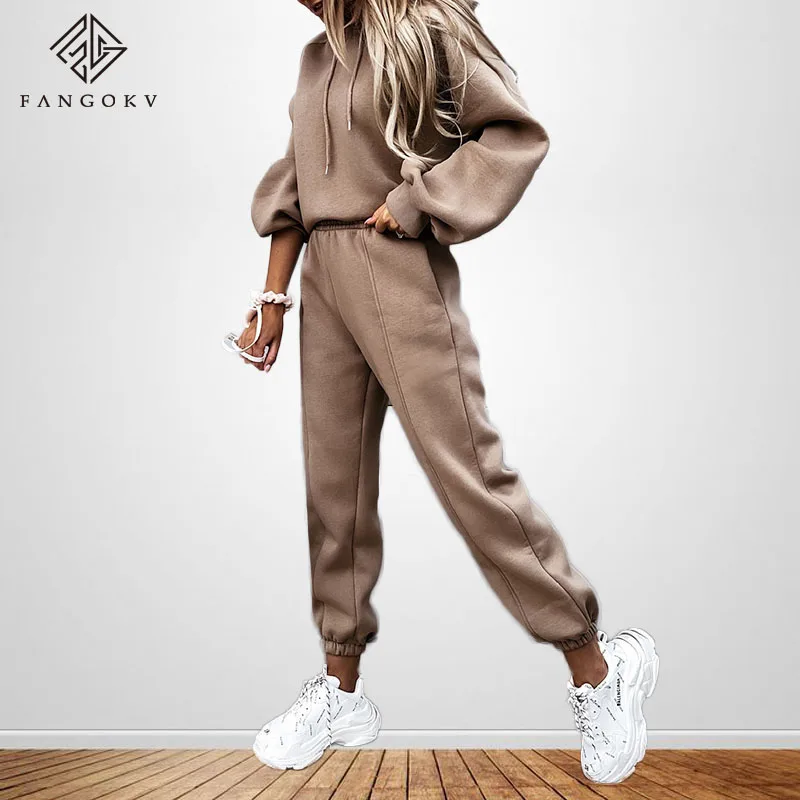 Tracksuits Women's Fleece Hoodies Two Piece Set 2021 Spring Autumn Lace Up Sweatshirts Pants Sets Female Casual Sports Suits