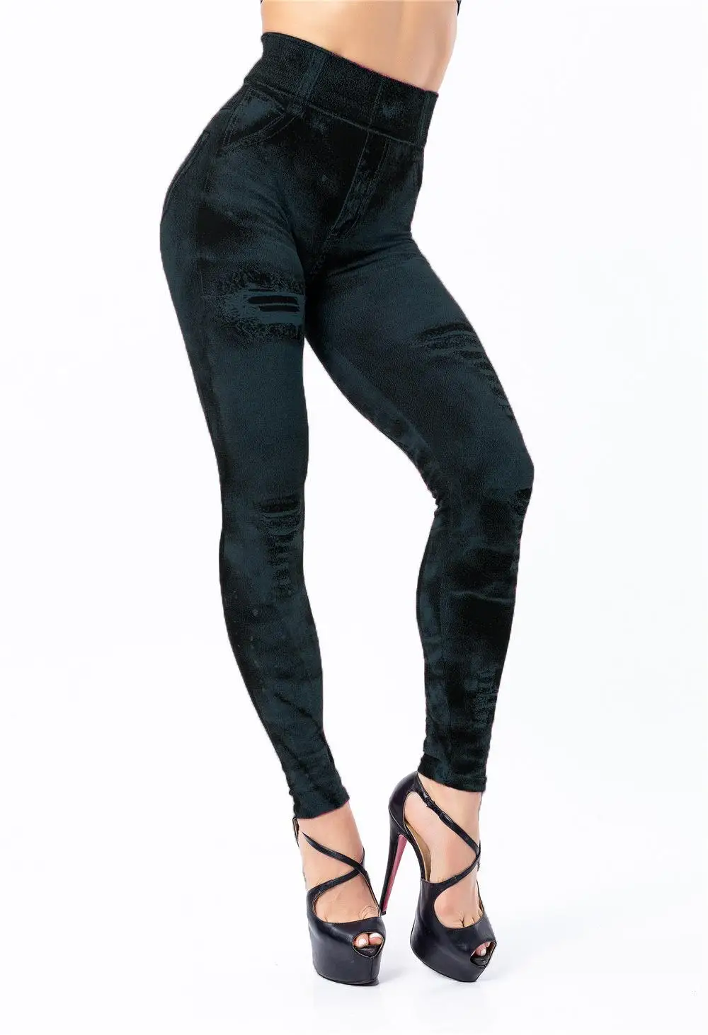 Slim Wanita Legging Faux Denim Jeans High Waist Elastis Kebugaran Celana Olahraga Legging Gym Latihan Berjalan Push Up Celana