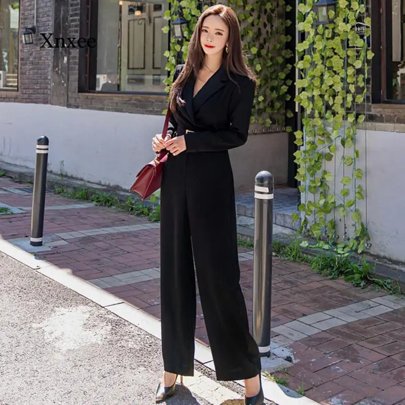 Office Lady Elegant Wide Leg Jumpsuits Women Autumn Solid Color Rompers Belted Waist Office Wear Playsuits Long Pants Overalls