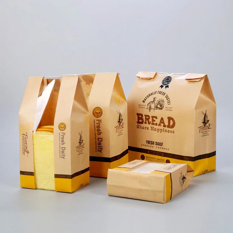 

Open window kraft paper toast bread bag breakfast food packaging paper bag coated oil-proof pouch wholesale items for business