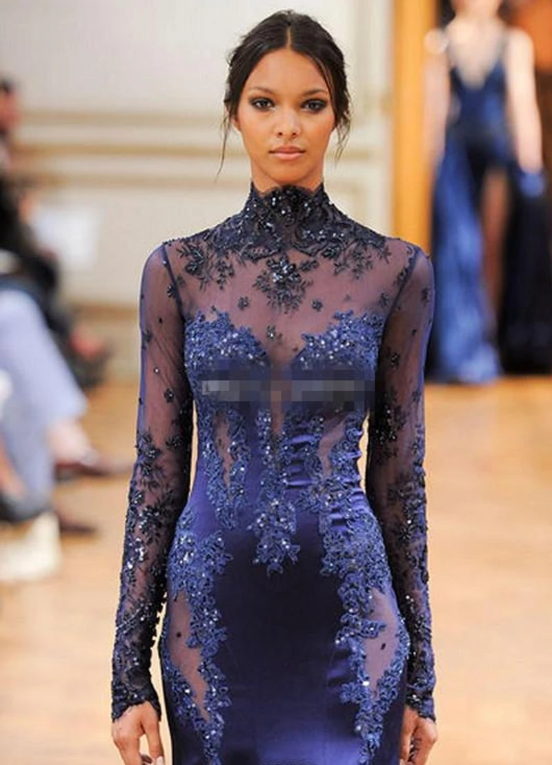 2023 Zuhair Murad High Neck Lace Formal Evening Dress Long Sleeve See-through Beads Appliques Prom Celebrity Gowns Navy Blue