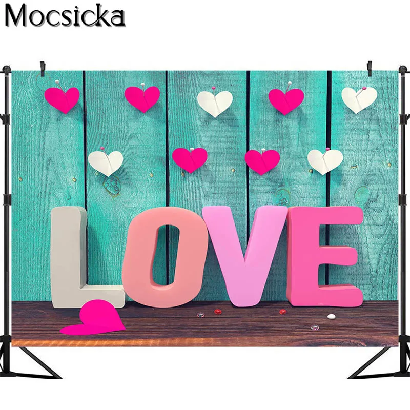 Mocsicka Valentine's Day Blue Wooden Wall Photography Backdrops Love Heart Decor Photobooth Background For Photo Studio Props