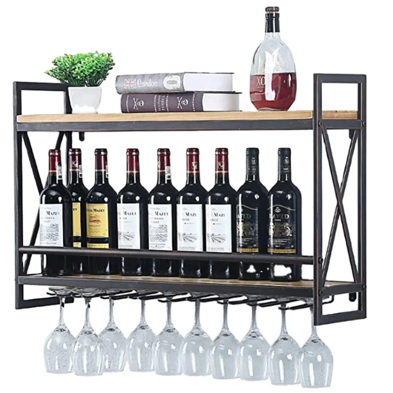 Metal Hanging Wine Holder Wine Accessories 2-Tiers Wall Mount Bottle Holder Glass Rack