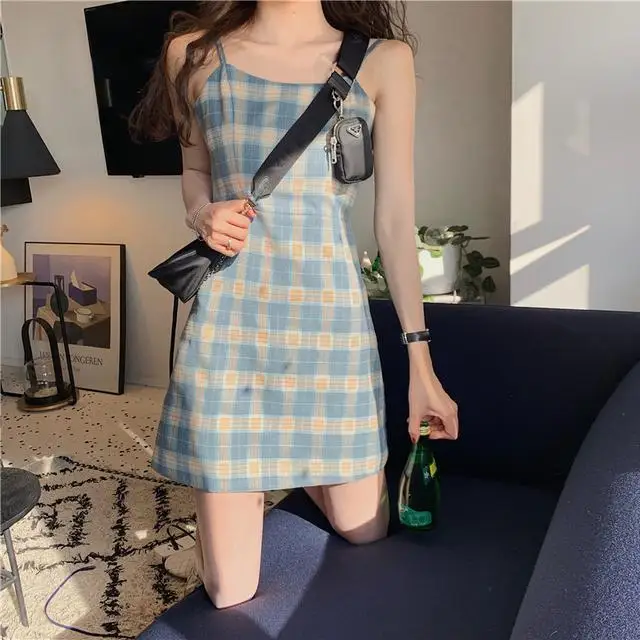 Băng Trượt Không Tay Túi Đeo Hông Sexy Bọc Mini Ngắn Kẻ Sọc Hở Lưng Ôm Body Nhẹ Summer Đầm Đường May Tỉ Áo Váy Nam Nữ Vintage