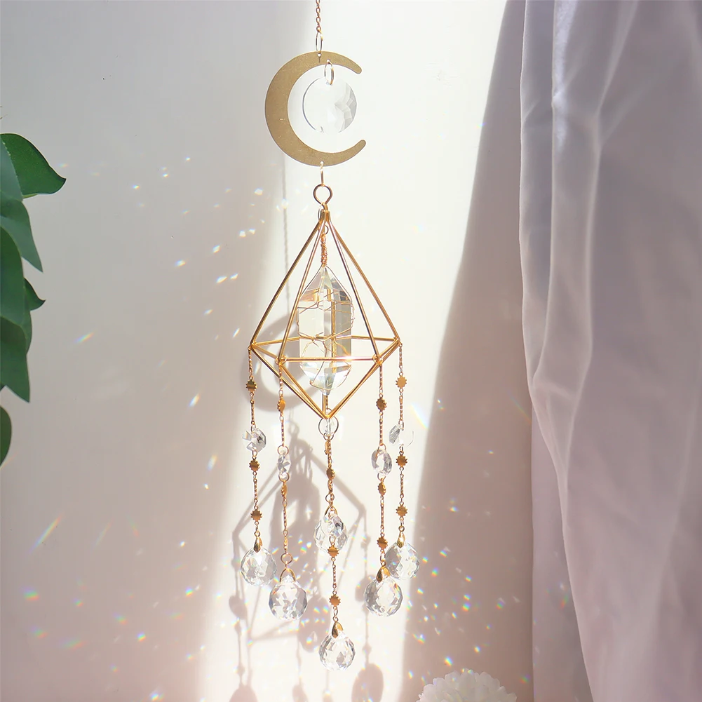 Kryształ Windchimes gwiazda wisiorek z księżycem sześciokątne pryzmaty światło słoneczne łapacz ogród okno ślub wiszące spadek Home Decor dzwonek