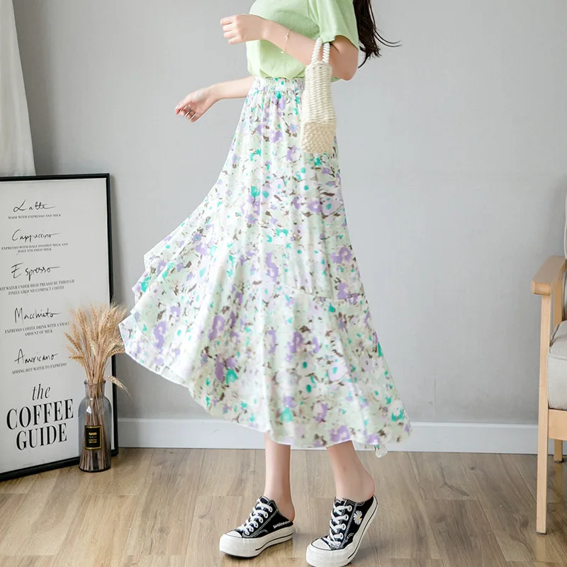 New 2020 Summer Chiffon Floral Elastic High Waist Side Pockets long skirts for women tulle pleated red schoolgirl female skirt