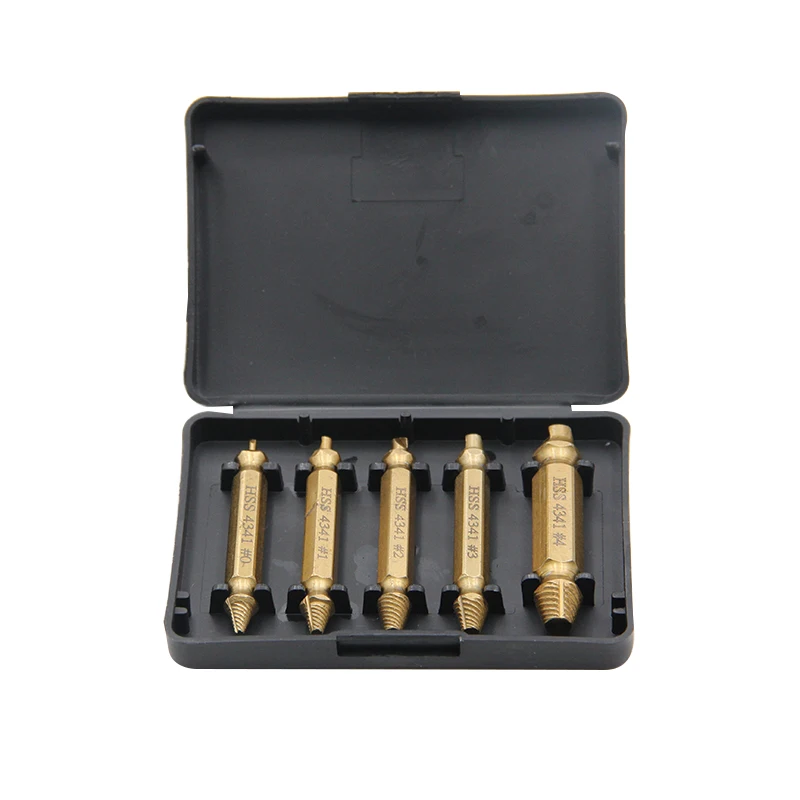 Tornillo dañado HSS 4341, removedor de titanio de 5 piezas, juego de Extractor de tornillos a rayas de doble extremo, herramientas para carpintería