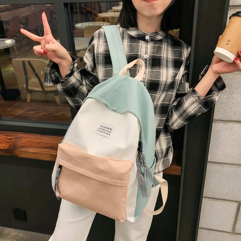 JULYCCINO kadın keten sırt çantası moda kadın omuzdan askili çanta dikiş renk okul çantası genç kız çocuk sırt çantası Mochila