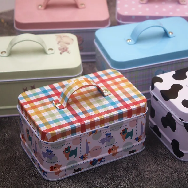 Small Portable Candy Storage Tin Box For Wedding Handle Rectangular Biscuit Chocolate Packaging Gifts Box Home Organizer Case