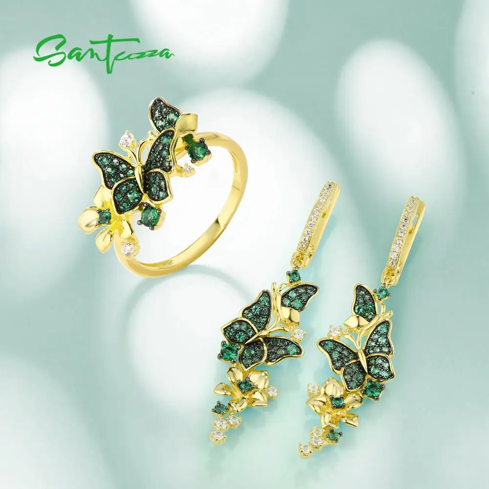 SANTUZZA Silver Ring For Women 925 Sterling Silver Butterfly Gold Color Shiny Green Spinel Elegant Trendy Party Fine Jewelry 5