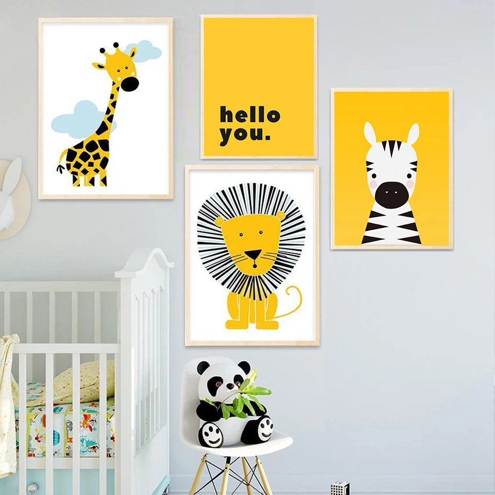 

Cartoon Animal Posters Yellow Lion Giraffe Nursery Canvas Painting Wall Art Pictures For Baby Room Decoration Cute Room Decor