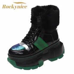 Nuovi stivali da neve in pelliccia invernale da donna stivaletti in peluche caldi in pelle PU Sneakers alte con plateau donna stivaletti corti con Bling grosso