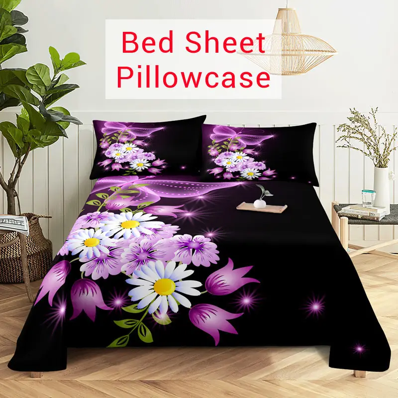 Purple Bedding Set Bed Sheet Linens Pillow Case Queen King Size Lanvender Butteryfly for Bedroom Soft Twin Full Single Double