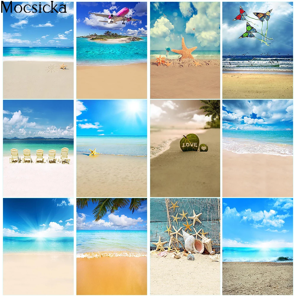 

Newborn Kids Summer Beach Birthday Portrait Photo Background for Photographic Studio Blue Sky and Sea Palm Tree Rainforest Props