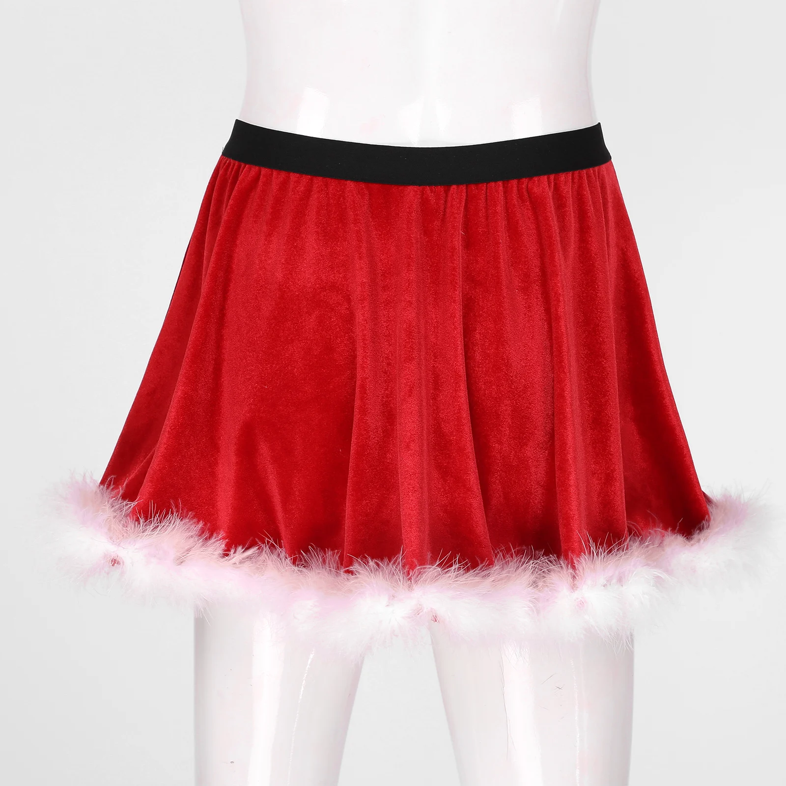 Men's Mr Santa Claus Costumes Feather Trimming Velvet Christmas Skirt Elastic Waistband Miniskirt Sissy Crossdresser Nightwear