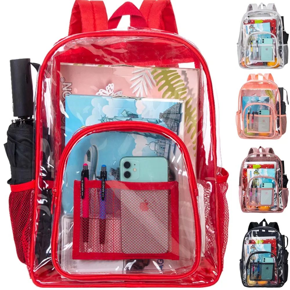 Clear Backpack, Heavy Duty Transparent Bookbag, See Through PVC School Bag for Women Men - Red