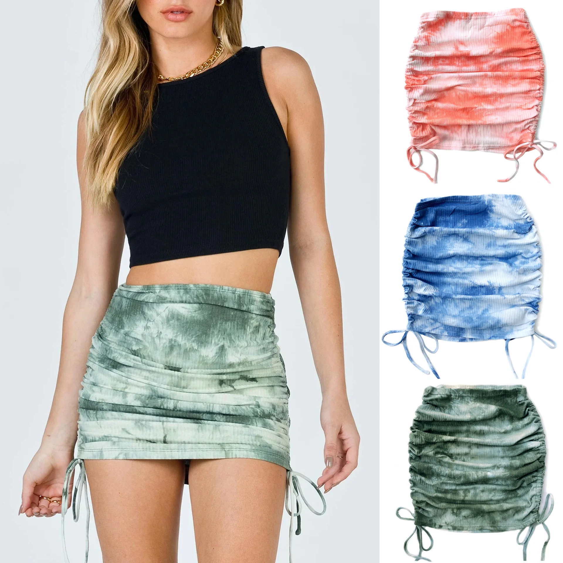 

Stretch Ruffle Knit Mini Skirt 2021 New Fashion Women's Side Drawstring Sexy Tie-dye Bag Hip Skirt for Women Free Shipping