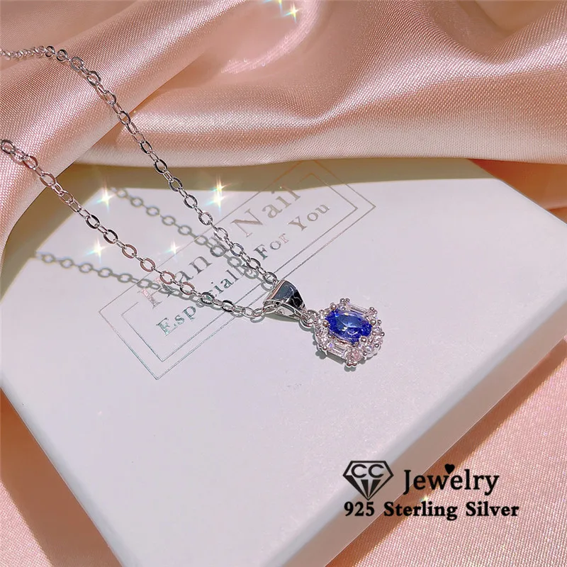CC Blue Pendant Necklace for Women Fine Jewelry Accessories Created Sapphire Ring Earring Gift CCN732
