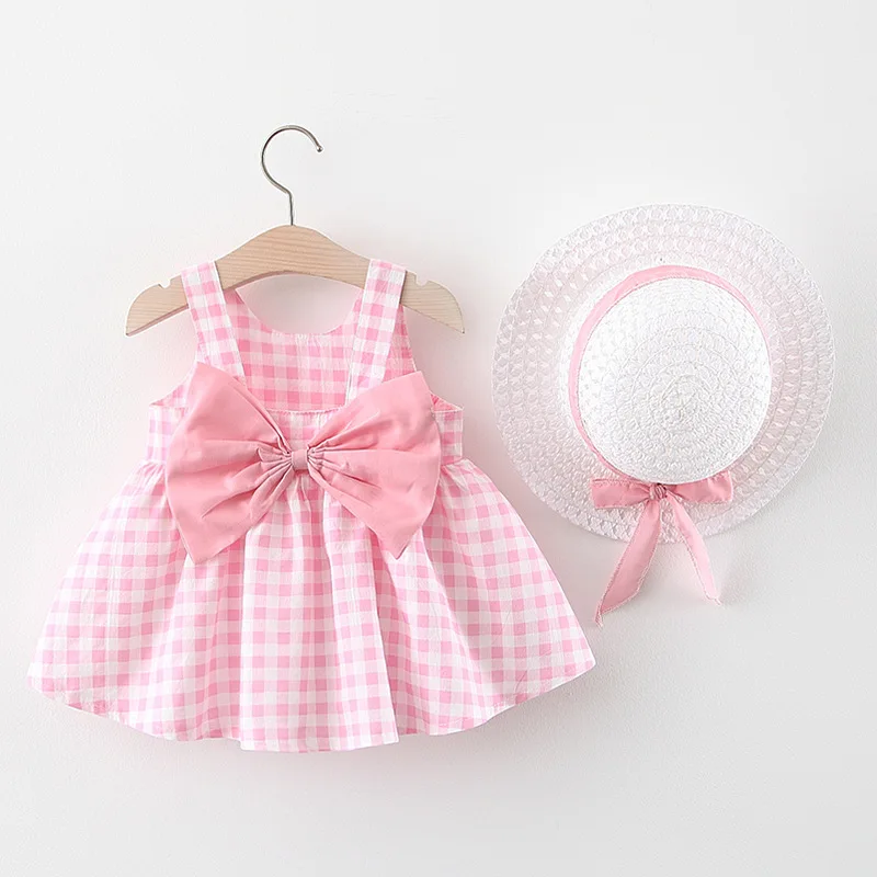 2Piece Summer Toddler Girls Dresses Korean Cute Plaid Sleeveless Cotton Big Bow Yellow Dress+Sunhat Newborn Baby Clothes BC003