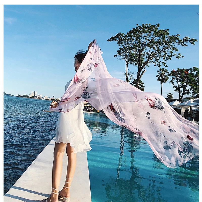 2020 new Women Flower Printed Silk Scarf Sheer Beach Sun Protective Pashmina Female Out Door Wraps Shawl Plus size 180cm 145cm