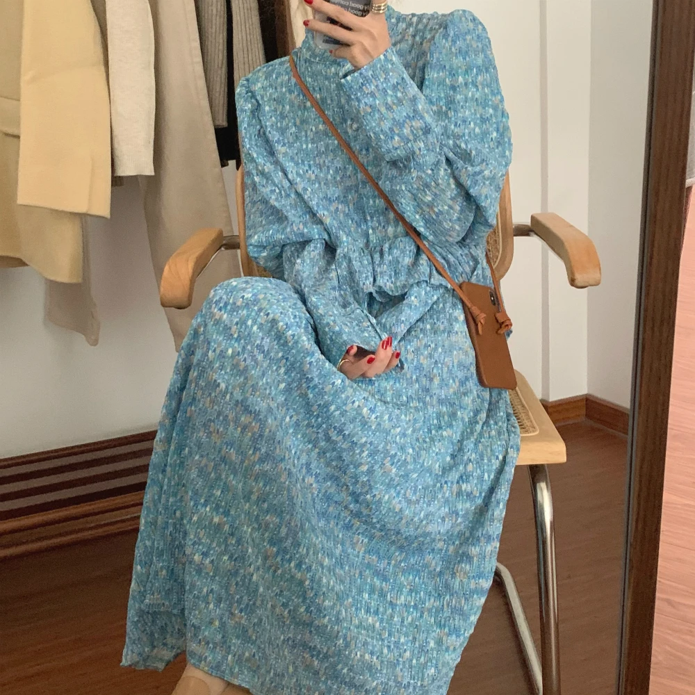 2021 Women Spring Vintage Stand Collar Long Floral Shirt Dress Full Sleeve Ruffle Waist Sashes A-line Midi Dresses