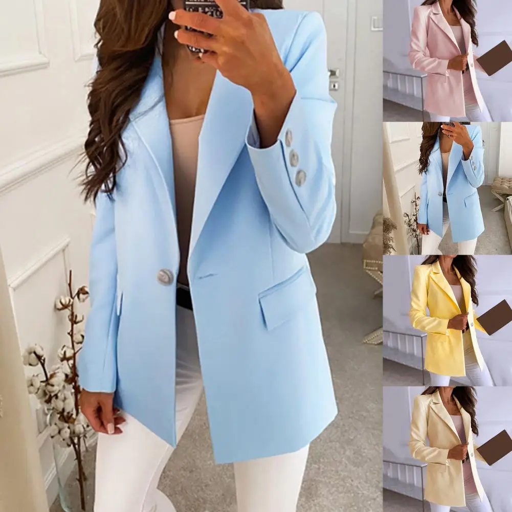 Elegant Women Solid Color Tailored Coat Single Button Design Pockets Decor Turn-down Collar Long Sleeve Spring Autumn Top