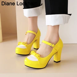 Big Size 33-43 Women Platform Pumps Sweet Bowtie Shoes Vintage Chunky Female High Heels Party Wedding Prom Footwear Girls Shoes