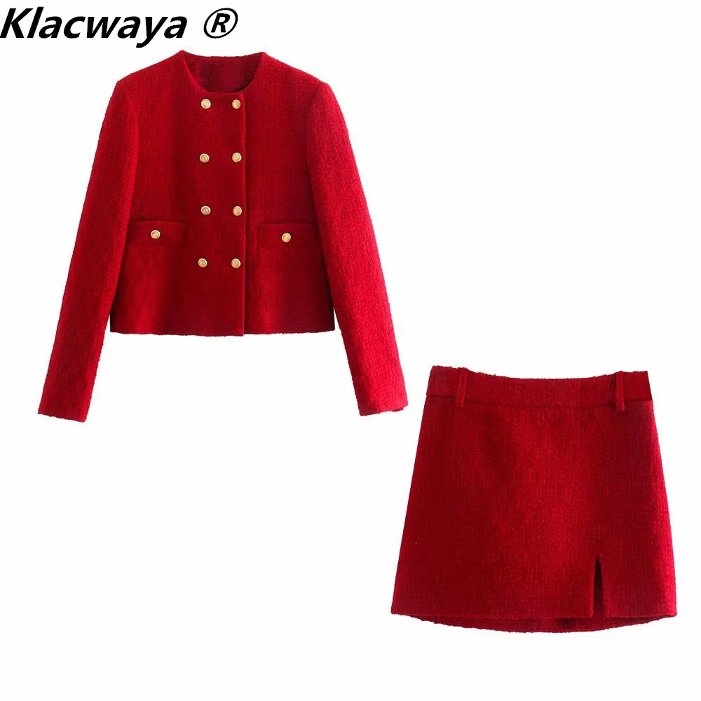 Klacwaya 2021 Women Fashion Two-Piece Set Vintage Red Tweed Double Breasted Blazer Female Front Slit Tweed Mini Skirt Chic Suit