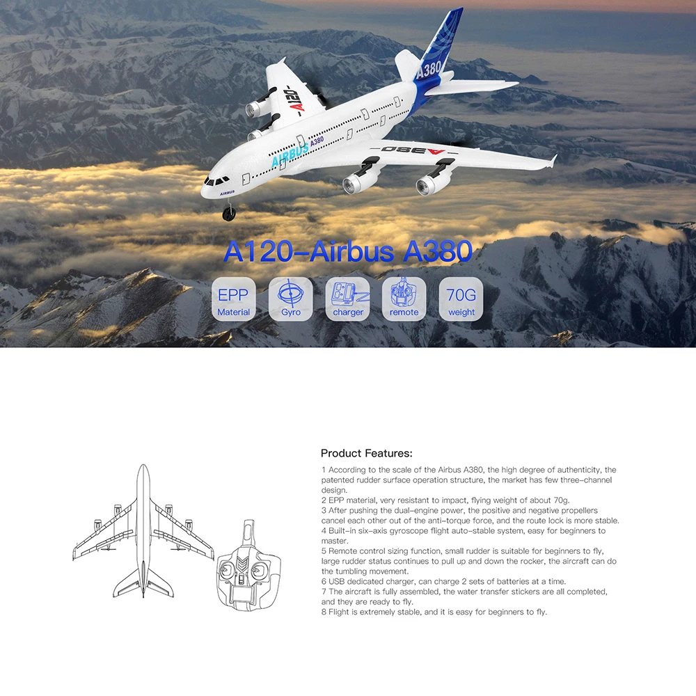 WLtoys XK A120 RC Airplane 2.4GHz 3 Channel 6-Axis Gyro Airbus A380 RC Plane Glider Throwing Wingspan Foam Planes Fixed Wing RTF