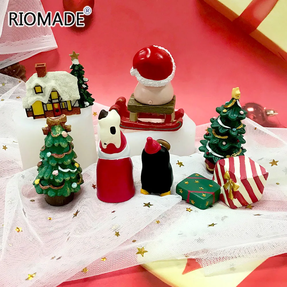 Christmas Silicone Mold Sled Tree Santa Claus Gifts Snow House Model Mousse Chocolate Sugar Cupcake Baking Fondant Cake Tools