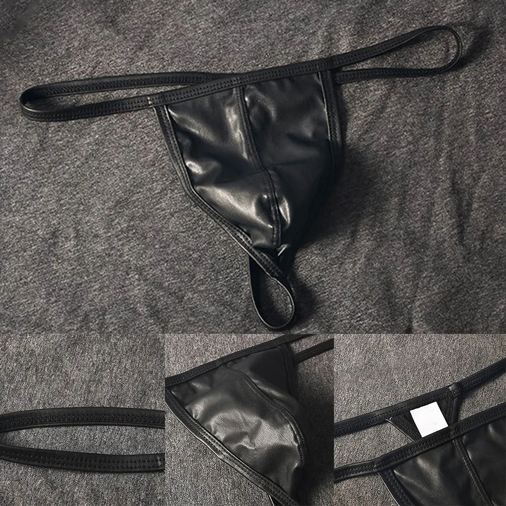 Ropa interior de cuero sintético para hombre, bragas con bolsa en T, Bikini, Tanga, lencería Sexy erótica